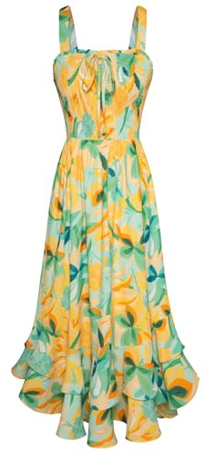 GRACE KARIN Robe longue d'été pour femme, à bretelles florales, col carré, double couche à l'ourlet, robe froncée, L