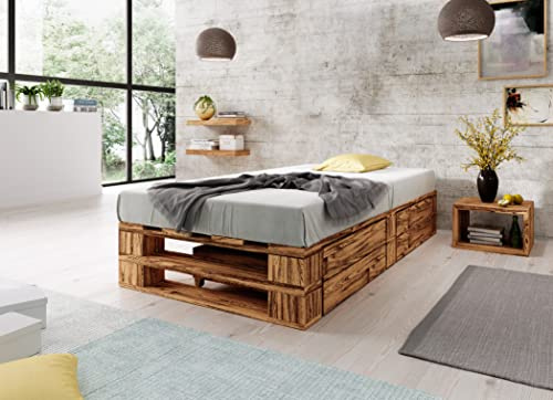 Lermowood Palettenbett M2 aus Holz 90 x 200 cm Geflammt mit Lattenrost und 2 Bettkästen Holzbett 40cm Stabiles Seniorenbett Kinderbett Jugendbett Gästebett erhöhtes Bettgestell Futonbett Komforthöhe