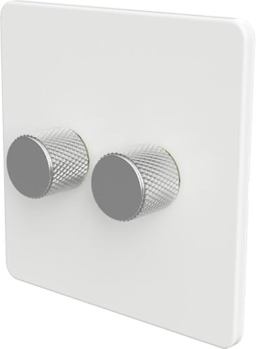 LED Dimmer Switch [Metal Knob/Plastic faceplate] 2-way Rotary Push On/Off for Dimmable LED and Halogen Lights, minimum brightness adjustable - White/Silver 2-Gang