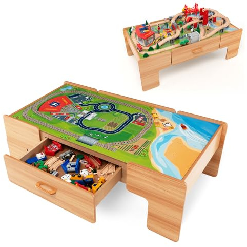 LIFEZEAL Spieltisch mit Holzeisenbahn, 100-teiliges Kinderspielzeug Set Holz mit Schublade, Multifunktionstisch für Kinder 3+ Jahre zum Spielen, Basteln, Bauen (122 x 62,5 x 40 cm)