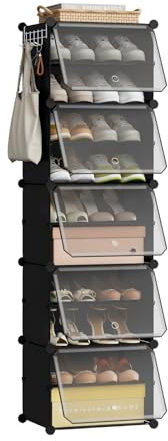 eSituro Schuhboxen, 10er Set, Schuhorganizer Schuhkarton stapelbar, Schuhregal Kunststoff, mit Haken, Tür, Schuhaufbewahrung platzsparend, Schwarz