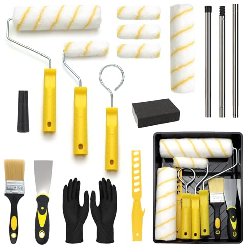 Topsky 19-teiliges Farbroller Set mit 1m Edelstahl Teleskopstange | Malerrollen Set in 23+11cm, Pinsel, Schaber und Farbwanne, für Wandfarbe & Lacke | Ideal für Renovierung, Innenwände