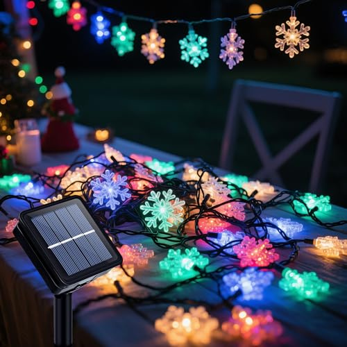 Ninonly Catena Luminosa Esterno Solare, 7M 50 LED Fiocco di Neve Lucine Led Decorative, 8 Modalità Luci di Natale Impermeabili, Addobbi Natalizi per Balcone Matrimonio Feste