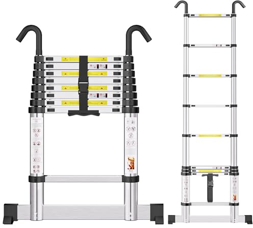 SIMPDIY 2,6M Teleskopleiter, Aluleiter ausziehbar mit Stabilisator, Leiter Ausziehbar mit Haken, 9 Sprossen, für Hause, Wohnmobil und Freien, Tragkraft 150 kg