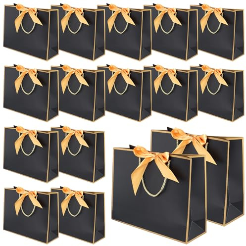 16 Stück Geschenktüten Schwarz mit Schleife, 32 x 25 x 11 cm Papier | CHUENKUK, Goldkante, Schmetterlingsknoten, Tragegriffe, für Hochzeit, Geburtstag, Weihnachten