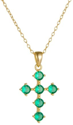 AMDXD 14 Karat 585 Gold Damen Kette Vintage, Damenkette Anhänger Kreuz mit Labor Erstellt Smaragd Rundschliff Grün, Halsketten für Frauen 14K Gelbgold Echt Schmuck, 40+5CM