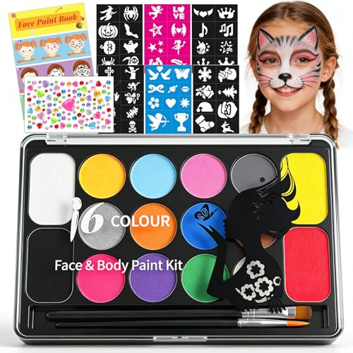 Mekkyes Truccabimbi Kit - 16 Colori Trucco Viso Bambini con 4 Colori Grandi, 52 Stencil e 1 Adesivo con Strass, Truccabimbi set Anallergici Atossici Body Painting per Halloween Carnevale Cosplay