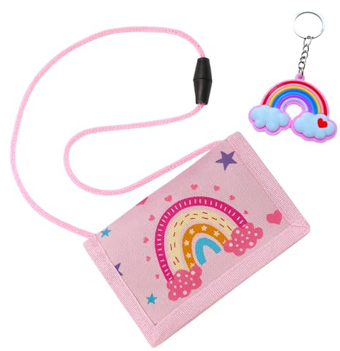 SSKHE Rainbow Kids Wallet Set - 1 portafoglio con motivo arcobaleno + 1 portachiavi arcobaleno, borsa da petto per scuola, escursioni e viaggi, design colorato per bambini
