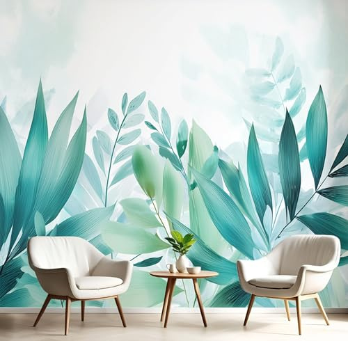 Carta Parati Murale Blu-Verde Foglie Fresche 250X170Cm Carta Da Parati Panoramica Acquerello Tropicale Effetto 3D Poster Da Parete Per Sogg Per Soggiorno,Camera Letto,Ufficio,Tv Sfondo
