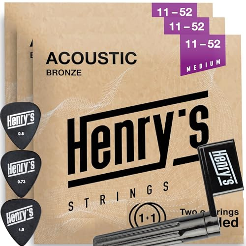 Henry's Strings 3-Pack Medium Nylon Guitar Strings 11-52 - String Winder & 3 Plectrums & 3 Extra E1 Strings - Acoustic Guitar