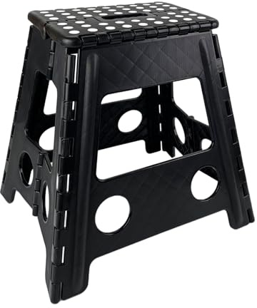 VELLUSTRA Sgabello Pieghevole, Portata 150 kg, Sgabello in Plastica Portatile con Maniglia, Salvaspazio, Leggero, 39 x 32 x 39 cm Sgabello per Cucina, Bagno, Giardino, per Bambini e Adulti, Nero