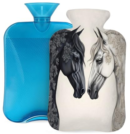 Entemne Wärmflasche, 2 l, Schwarz / Weiß, Pferd, Kunst, Malerei, Wärmbeutel mit Bezug, wiederverwendbare Therapie-Tasche zur Schmerzlinderung, Menstruationskrämpfe, Muskelkater, Winterwärme, Geschenk