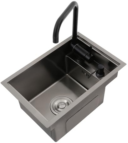 Dolt handfat 45 x 30 x 23 cm, 1 handfat med lock, rektangulär diskbänk, inbyggd diskbänk med vikbar kran 360° roterbar, 304 rostfritt stål diskbänk för kök, barer, kafé, restaurang