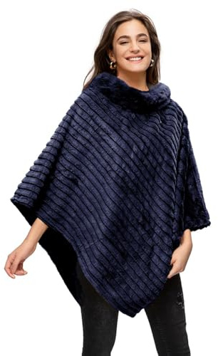 Glamexx24 Poncho da donna elegante mantello invernale con scollo rotondo, spesso mantello in calda pelliccia lavorata a maglia, Blu, Taglia unica