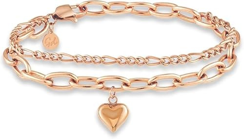 GD GOOD.designs Bracciale cuore per donna in oro - Bracciale con charms dorato multistrato placcato in oro rosa 18K - regolabile (14,5 cm - 19,5 cm) - Catena Figaro, catena a maglie