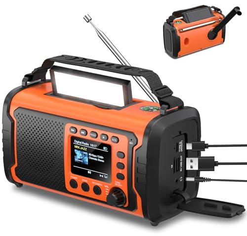 27000mAh DAB/DAB+ Notfallradio mit Kurbel, Solar & USB Laden, Bluetooth 5.3, Powerbank-Funktion, SOS Signal, Heller Taschenlampe, Leselampe, Kompass, TF-Karte und robustem Outdoor-Design, Orange