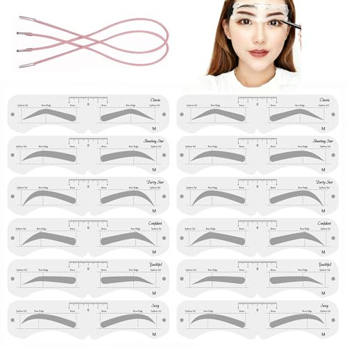 Kit de Plantillas para Cejas Reutilizable 12 Piezas - 6 Formas Incluidas con Correa Ajustable, Moldeador Perfecto para Cejas Simétricas y Definidas