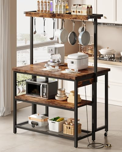 CHOEZON Kitchen Island with Power Outlet, Kitchen Island Table with Folding Top, Kitchen Island with Storage, Coffee Bar with Outlets and USB Port, for Dining Room, Living Room, Rustic Brown DTZD01KBF