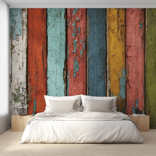 Generisch Vlies Fototapete Holzpaneele 150x105 cm, Tapete Bunt Tapeten Vliestapete Wohnzimmer Bauernhaus Holz Rustikal Schlafzimmer Wandtapete Ornamente Mustertapete W&62