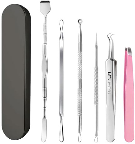 6-teiliges Mitesserentferner-Set aus Edelstahl – Professioneller Komedonenquetscher für Blackheads, Whiteheads & Pickel im Gesicht und an der Nase, inkl. Metallkasten