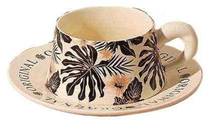 ZGHQHCDRH Retro ceramic coffee cup and saucer set, household high temperature immune breakfast cup, afternoon tea cup(Plantain)