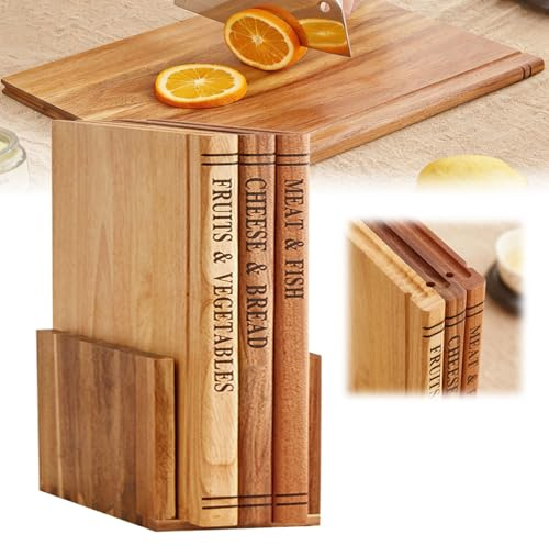 Robuste Bois Massif Lot de 3 Planche a Decouper en Forme de Livre, Planche a Decouper Antidérapante, Planche Cuisine avec Support, Planche à Hacher pour Légumes, Fruits, Viande(Beige)