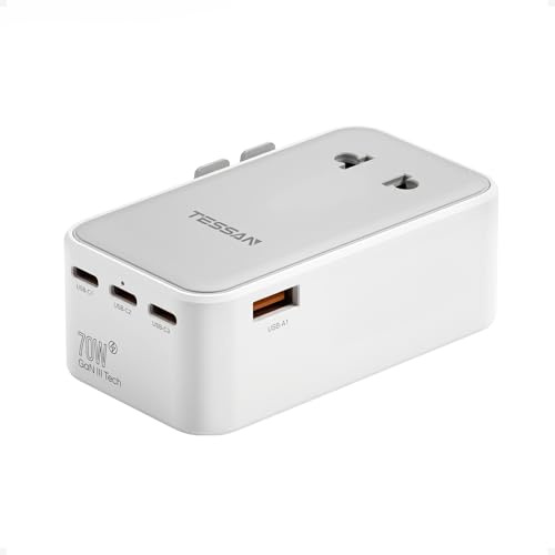 TESSAN Reiseadapter Weltweit PD 70W, Travel Adapter Worldwide, Grau | 3 USB C und 1 USB A, Reisestecker Adapter Weltweit, Internationaler Steckdosenadapter für England USA Japan Thailand