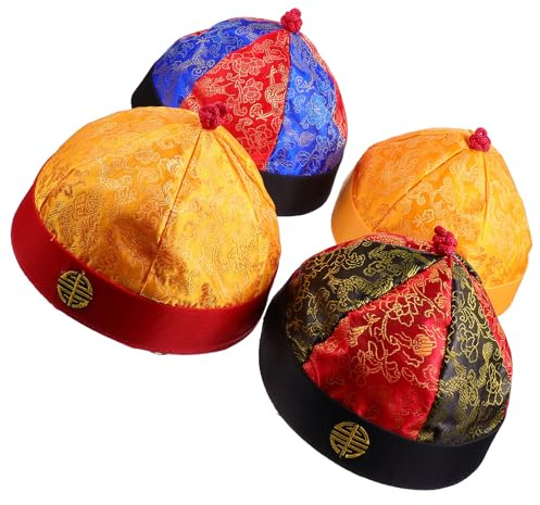Abaodam Lot de 4 Chapeaux Traditionnels Chinois en Brocart Brillant avec Tresses, Taille N°9 Adulte, Casquettes de Déguisement Vintage pour Cosplay, Vêtements de Performance et Mascarade