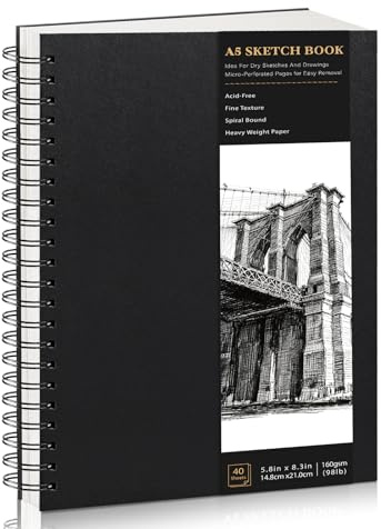 A5 Hardcover Spiral Sketchbook, 160gsm Paper, 40 Sheets, Black | Acid-Free Thick Paper, Lays Flat, Dual Te×ture, for Pencil, Ink & Charcoal, Durable Hard Cover for Travel And Storage