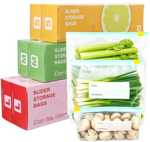 100 Bolsas Congelación, Bolsas Almacenamiento Alimentos con Cierre Zip Reutilizable, Base Expandible 3 Tamaños para Frutas Verduras Carne Snacks Conservación Cocina