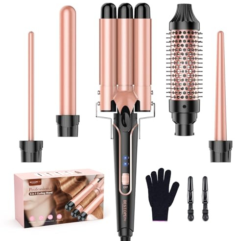 BESTOPE PRO 5 in 1 Curling Iron Set, Negative Ion Hair Curler with Thermal Brush & 5 Interchangeable Ceramic Barrels (0.35-1.5), Fast Heating Styling Tool for All Hair Types, Ideal Gifts for Women