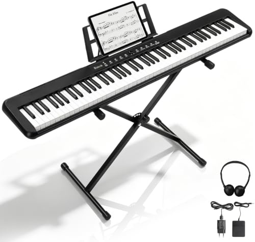 LEADZM 88 Tasten Digital Piano mit Ständer, Sustain-Pedal, Full Size Keyboard, Elektronische Tastatur mit Notenständer, Kopfhörer, Klaviertasche (Schwarz)