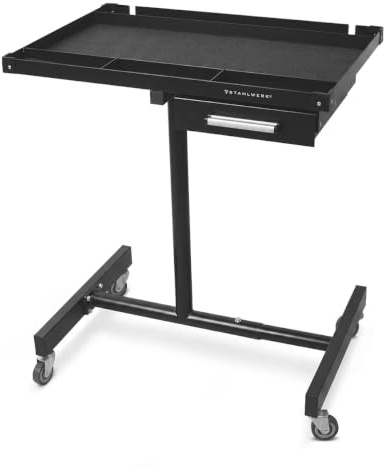 STAHLWERK Höhenverstellbarer Arbeitstisch, 87,3 – 125 cm, 100 kg Tragkraft | mobile Werkbank mit 4 Lenkrollen, Garage, Werkstatt, DIY
