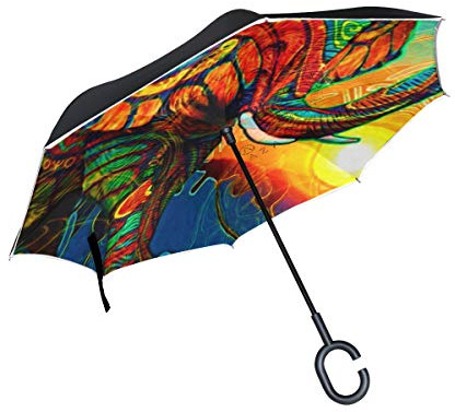 ISAOA Doppelschichtiger umgekehrter faltbarer Regenschirm, selbststehender und umgekehrter Autoschirm, Elefanten-Fantasie, winddichter Regenschirm, mit UV-Schutz