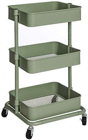 SONGMICS Rollwagen mit 3 Ebenen, Aufbewahrungswagen, Küchenregal mit Rollen, Ablagefächer höhenverstellbar, Servierwagen mit 2 Bremsen, einfache Montage, für Bad, Küche, Büro, graugrün BSC060C01