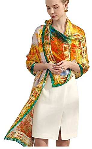 Prettystern 100% Soie Écharpe Etole Foulard Tableau Xxl Châle Grande-taille Monet