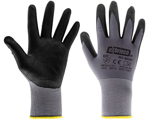 EXBRIECO, Guantes de trabajo en Nylon y Nitrilo Ideales para Fontanería, Mecánica, Industria Alimentaria, Guantes de Protección CAT 2, Antidesgarros, Ligeros, Resistente a la Abrasión 1,3,6,12 Pares