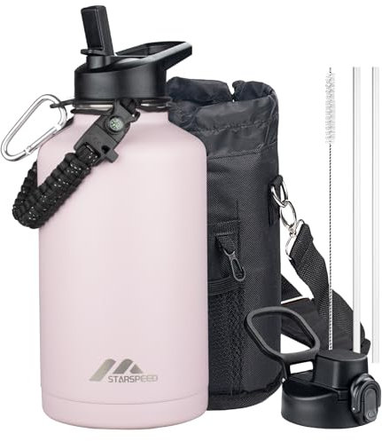 StarSpeed 64oz Insulated Water Bottle with Straws & 2 Lids, Half Gallon Stainless Steel Double Walled Vacuum Water Jug, Large Wide Mouth with Paracord Handle for Gym Camping Hiking, Pink