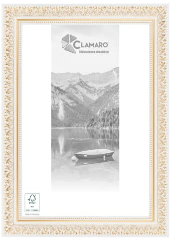 CLAMARO Friedrich Bilderrahmen Antik 59,4x84,1 cm, Weiß Gold, Acrylglas | Massivholz Fichte, Handgefertigt in Deutschland, HDF-Rückwand, Metallaufhänger, Hoch- und Querformat, Barock Vintage