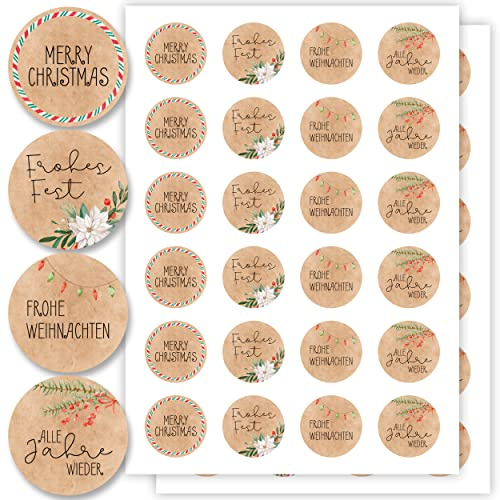 Aufkleber für Weihnachten (48 Sticker) - Weihnachtsaufkleber zum Beschriften für Geschenke - Weihnachtssticker Rund - Weihnachts Etiketten für Beschriftung - Selbstklebend - Kraftpapier-Optik Floral