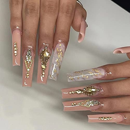 JUSTOTRY 24 Stück Coffin Nägel Zum Aufkleben Lang,French Künstliche Nägel mit Rhinestone, Ballerina Kunstnägel Press on Nails mit Nagelkleber, Fingernägel Fake Nails Kurz für Frauen