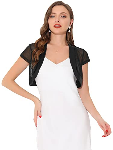 Allegra K Satén Shrug Bolero Cap Sleeve Business Open Front Crop Cardigan para Mujer Negro M