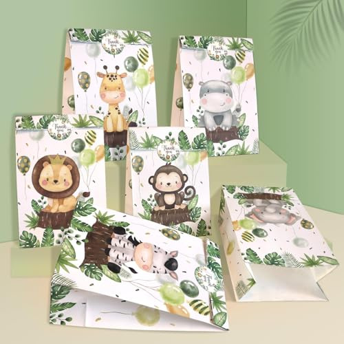 Heboland 24pcs Sacs Cadeaux de Animaux, Sac Cadeau Anniversaire Jungle avec 30 Autocollants, Sac Cadeau Anniversaire Enfant Pochette Cadeau Papier Décoration Thème Jungle Fournitures de Fête