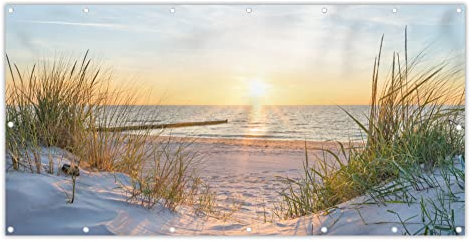 MuchoWow® Balkon Sichtschutz Sichtschutzmatte Balkonbanner Abdeckung für Terrasse Balkon Windschutz Blickdicht Wetterfest 200x110 cm Strand - Sonne - Düne - Gras - Sand - Horizont