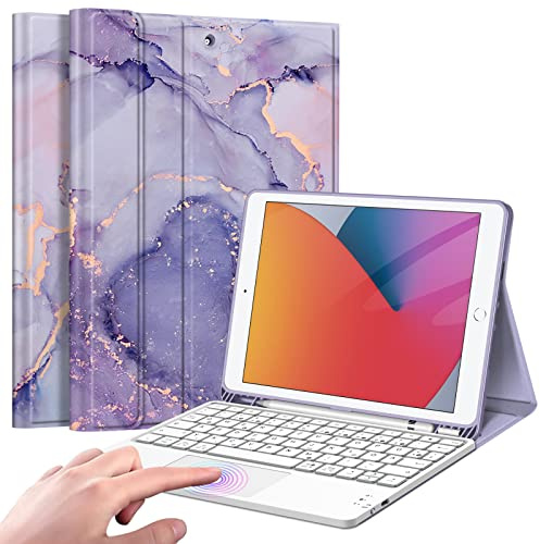 FINTIE Hülle mit Tastatur für iPad 9./8./7. Generation (10.2 Zoll) | Magnetisch abnehmbare deutsche Bluetooth-Tastatur mit Touchpad, weiche Schutzhülle mit Stifthalter, Marmor Lila