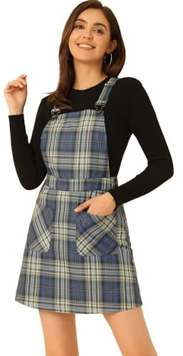 Allegra K Damen Kariert Elastisch Strap Verstellbar Träger Seitentaschen Arbeit Check Latzkleid Kleid Blau M