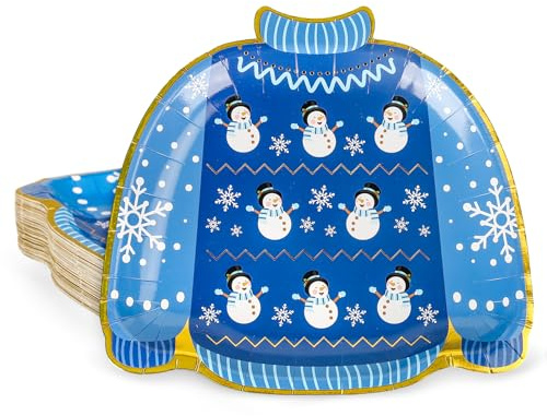 Whaline 48 Pack Winter Christmas Paper Plates Gold Foil Sweater Shape Disposable Plates Blue Snowman Snowflake Tableware for Dessert Appetizer Xmas Party Supplies, 8.5 x 9.5 Inch