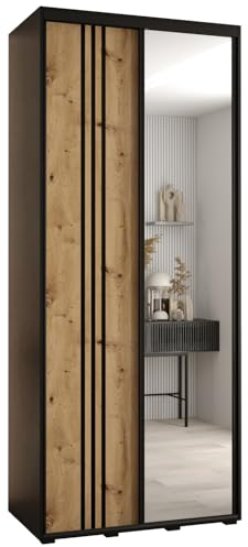 MEBLE KRYSPOL Davos 7 110 Schlafzimmerschrank mit Zwei Schiebetüren - Moderner Aufbewahrungsschrank mit Spiegel, Kleiderstange und Regalen - 235,2x110x45 cm - Schwarz Artisan Schwarz