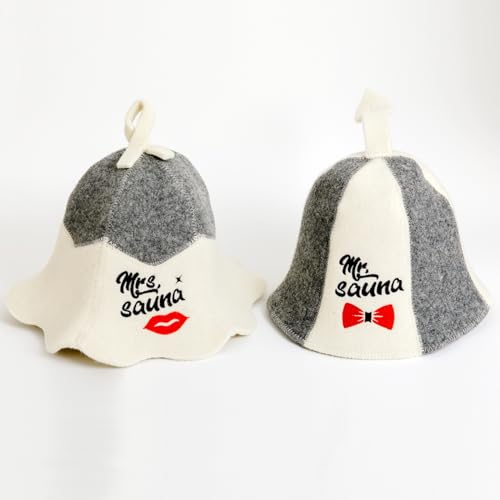 Sauna Guru Saunahut 'Mr and Mrs Sauna' White - 100% organische Wollfilzmützen - Schützen Sie Ihren Kopf vor Hitze - Englische Sauna E-Book Handbuch inklusiv - mit Stickerei
