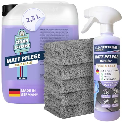 CLEANEXTREME Mattlack Pflege mit Versiegelung - 500ml Spray + 2,3L Kanister | Set inkl. 5 x 500GSM Mikrofasertuch - Zum Pflegen von Autolack Matt, Matt-Folie, Autosprühfolie - Erhält den Matt-Effekt